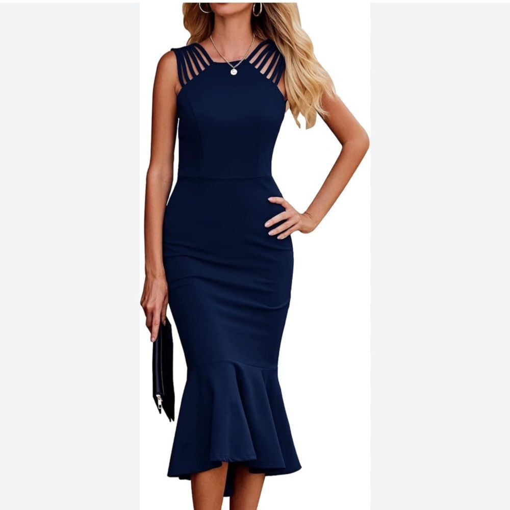 New PrettyGarden Navy Blue Sleeveless Bodycon Formal Midi Dress Women Size Large